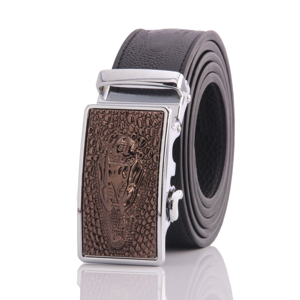 Amedeo Men’s Black Ratchet Belt – Stainless Steel Brown Dragon Buckle fits 26-52